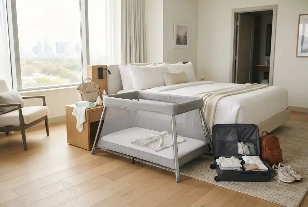 Modern portable travel cot in a hotel room prepared for family travel
