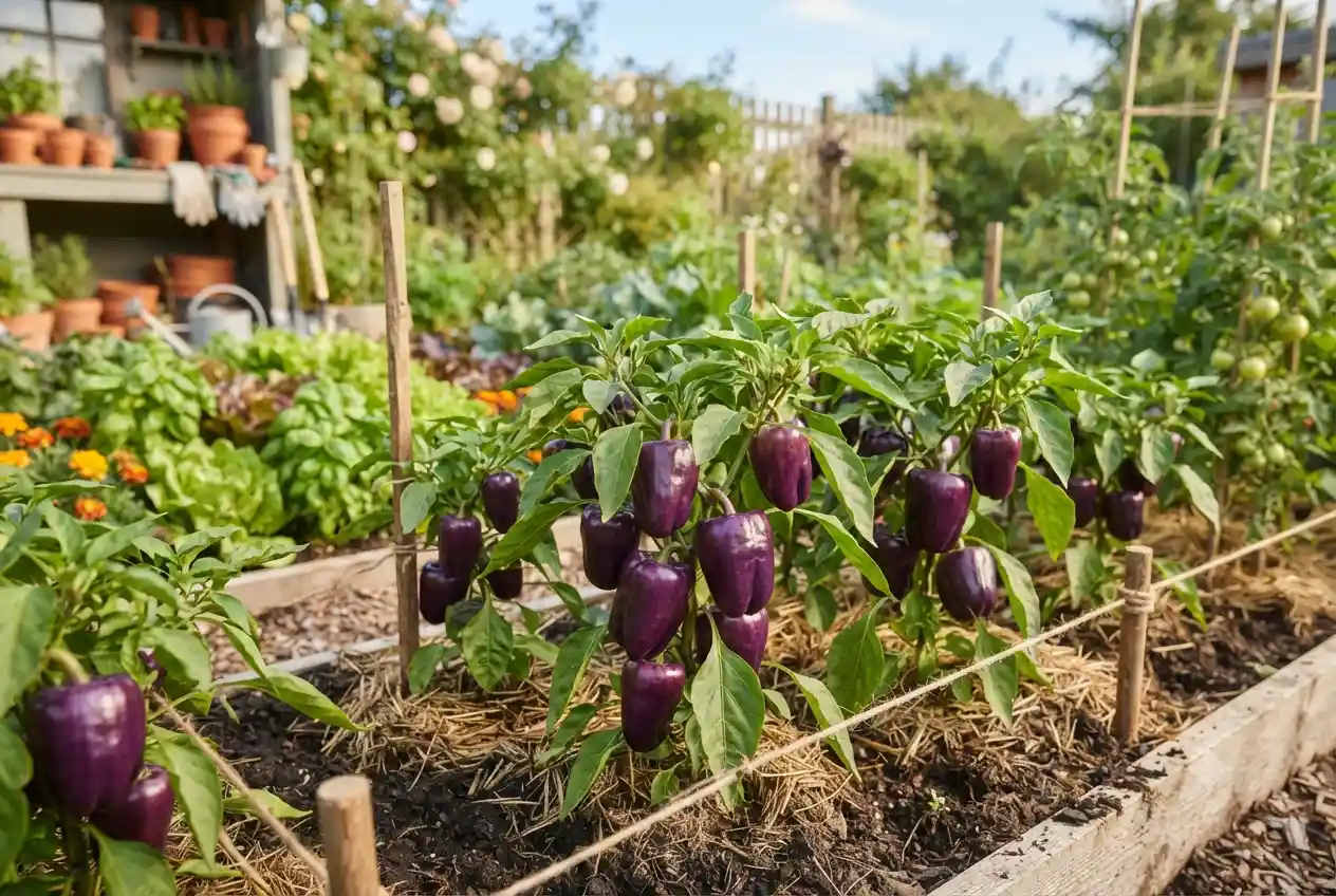 Ripe Purple Beauty bell peppers growing on healthy garden plants