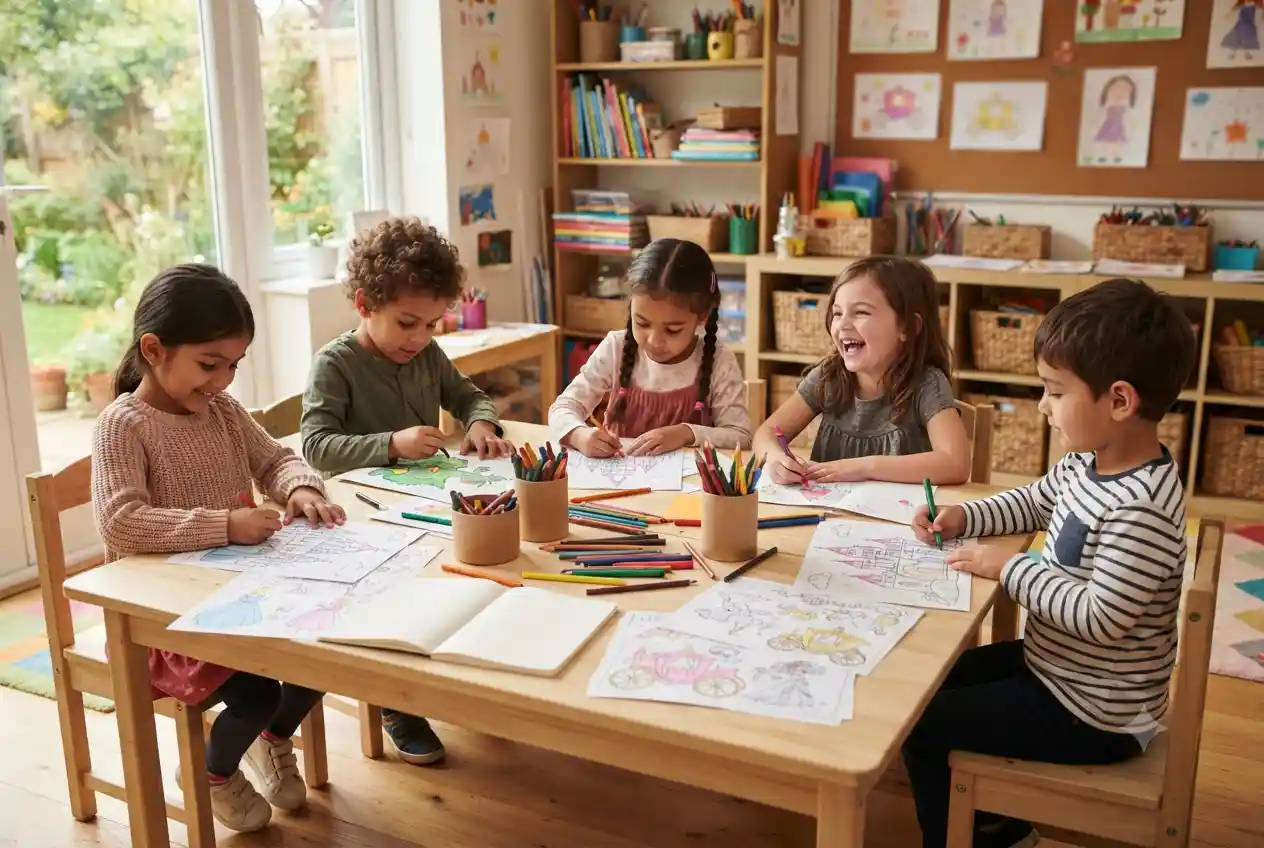 Children coloring Sleeping Beauty themed printable coloring pages with crayons