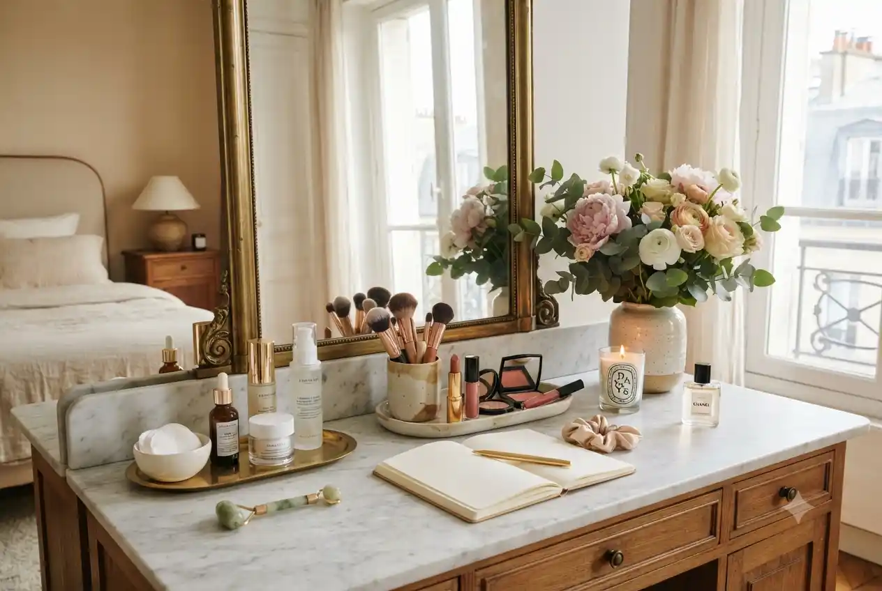 Premium skincare and makeup products arranged on a modern beauty vanity