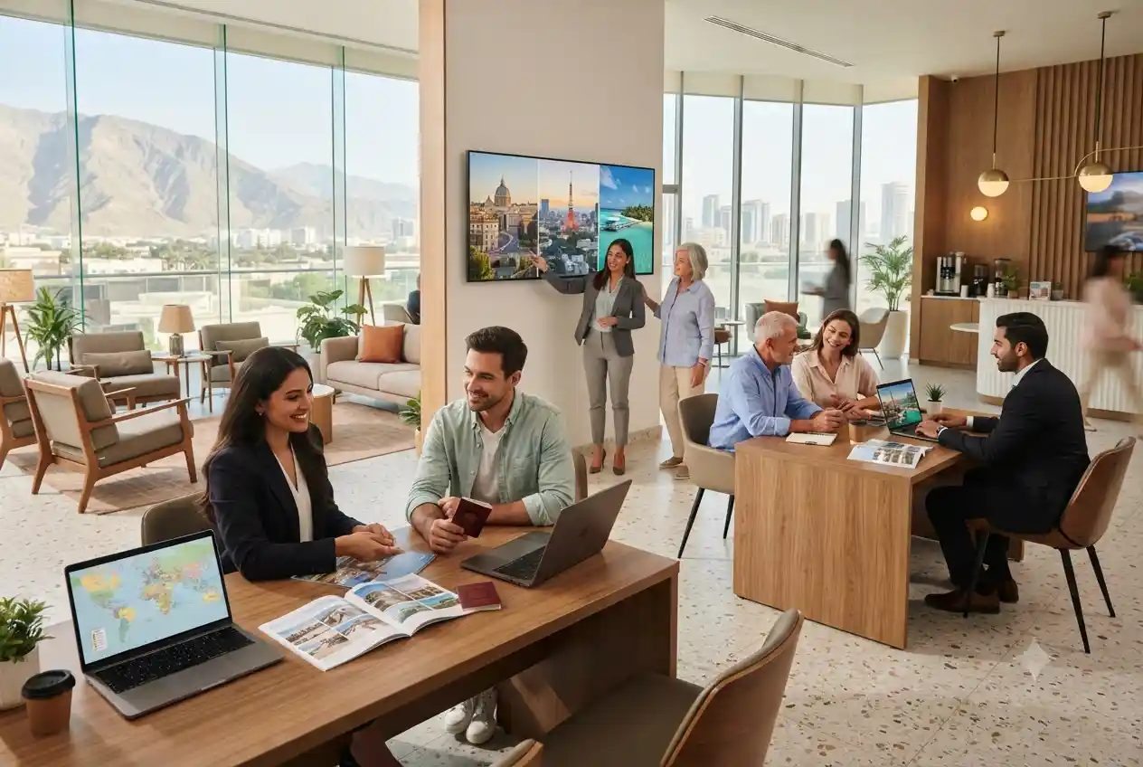 Professional travel agency office assisting customers in Ras Al Khaimah