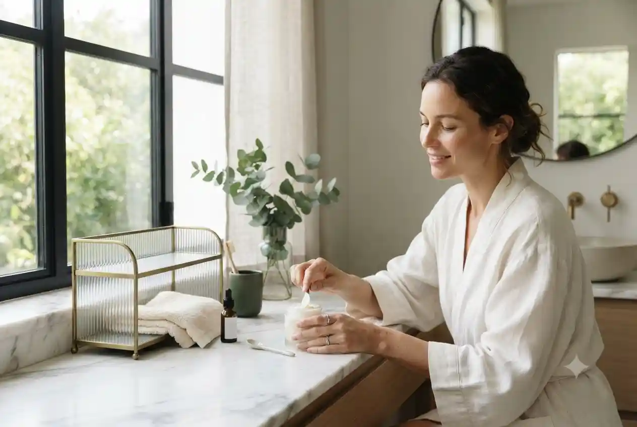 Premium moisturizing cream placed on a clean bathroom shelf with botanical elements.