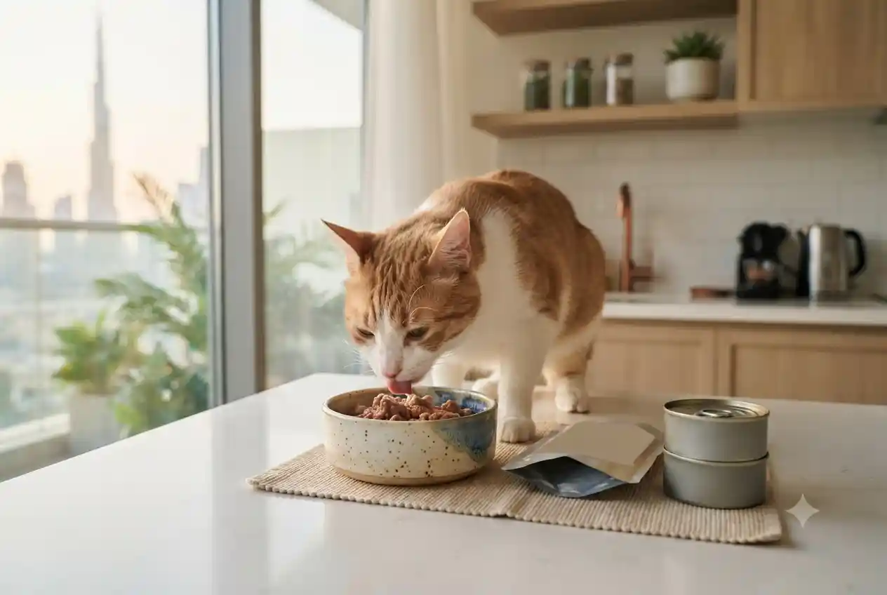 Domestic cat enjoying a wet food meal from a ceramic bowl in a modern home.
