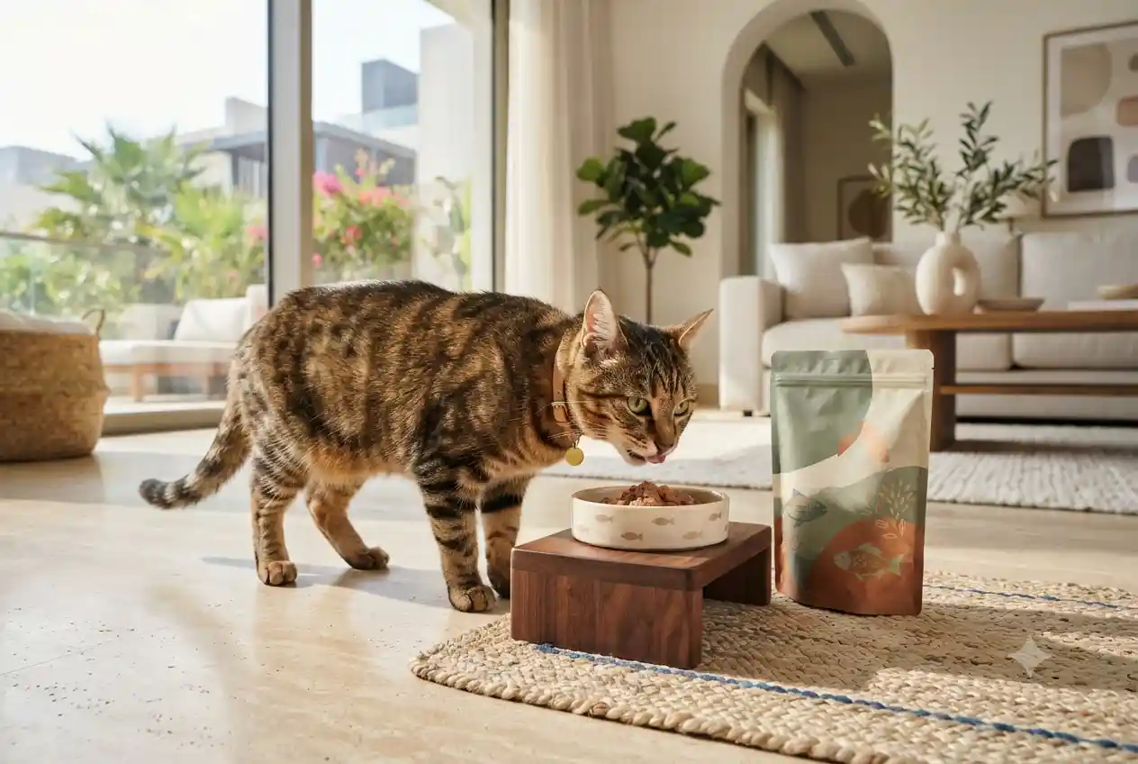 Domestic cat eating a nutritious meal from a bowl inside a modern home.