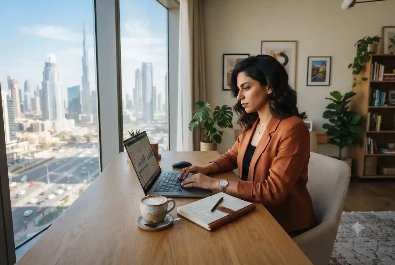 Professional woman working remotely from her home office in Dubai