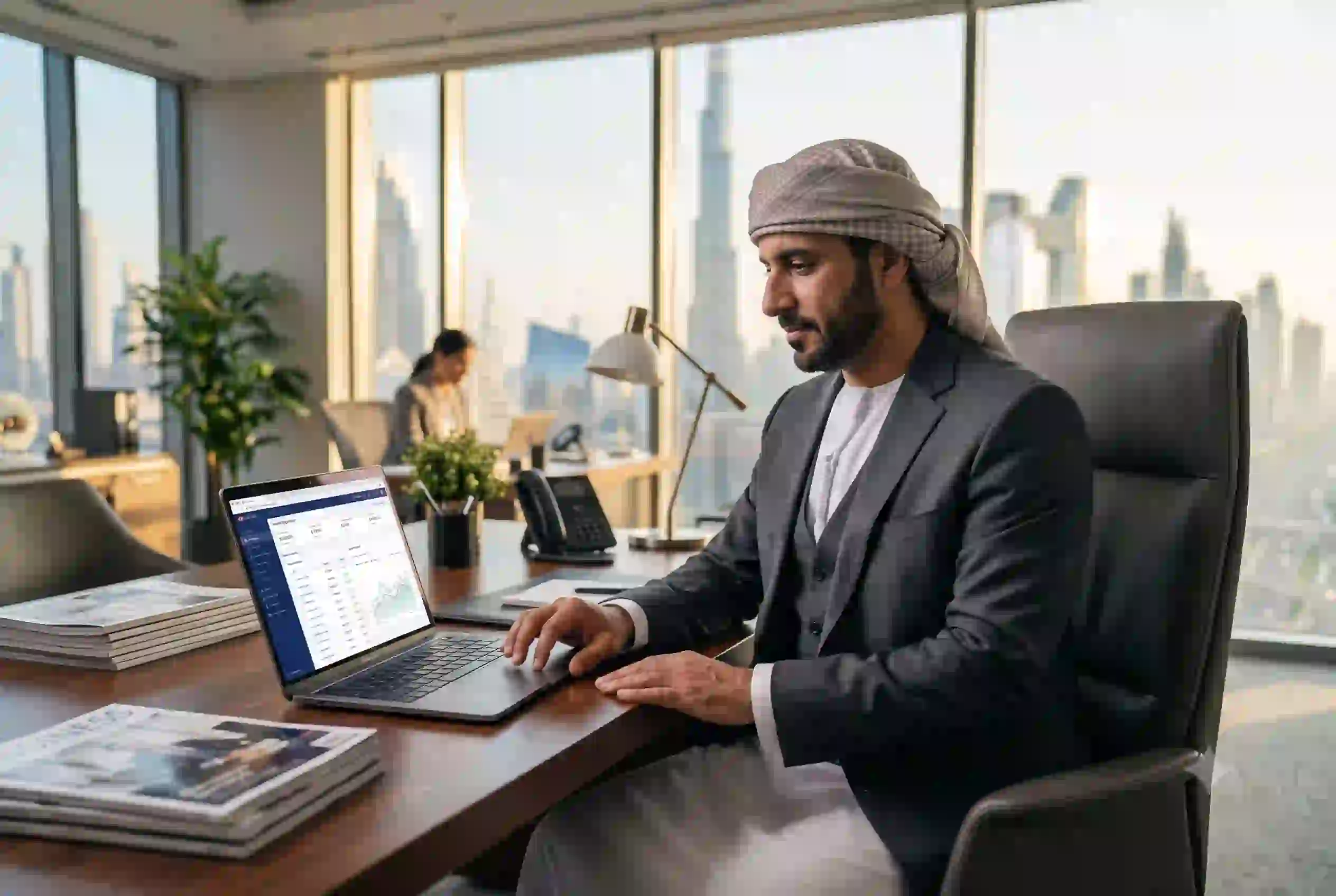 business owner using online banking in UAE office environment